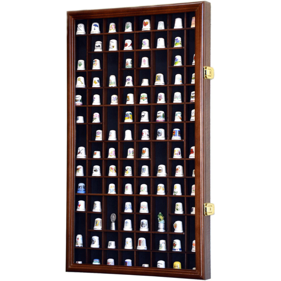 100 Opening Thimble / Small Miniature Display Case Cabinet Walnut Wood