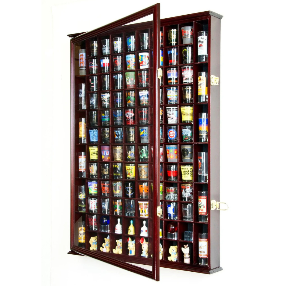 108 Shot Glass Display Case Cabinet UV Protection Cherry Wood