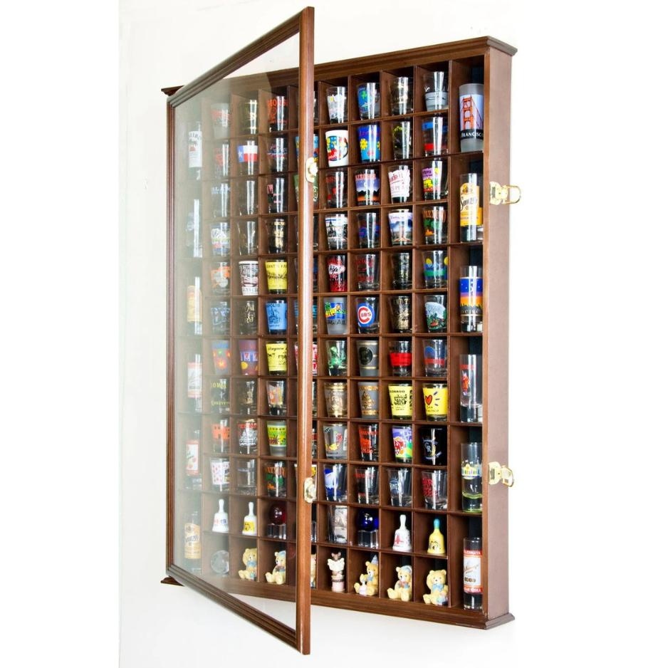 108 Shot Glass Display Case Cabinet UV Protection Walnut Wood