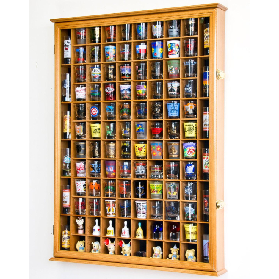 108 Shot Glass Display Case Cabinet UV Protection Oak Wood