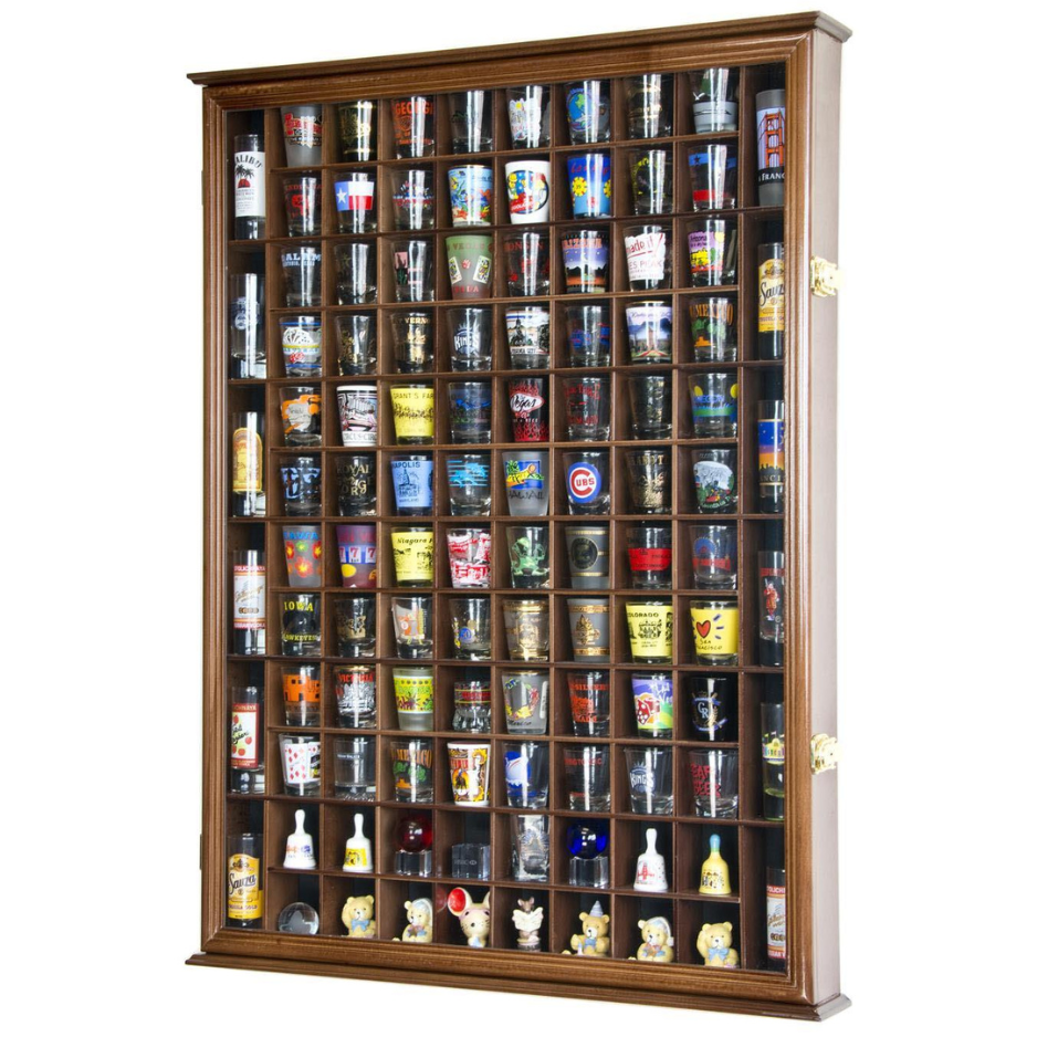 108 Shot Glass Display Case Cabinet UV Protection Walnut Wood