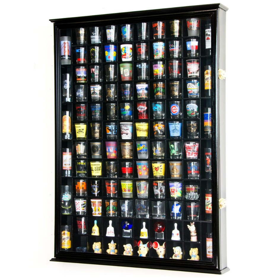 108 Shot Glass Display Case Cabinet UV Protection Black Wood