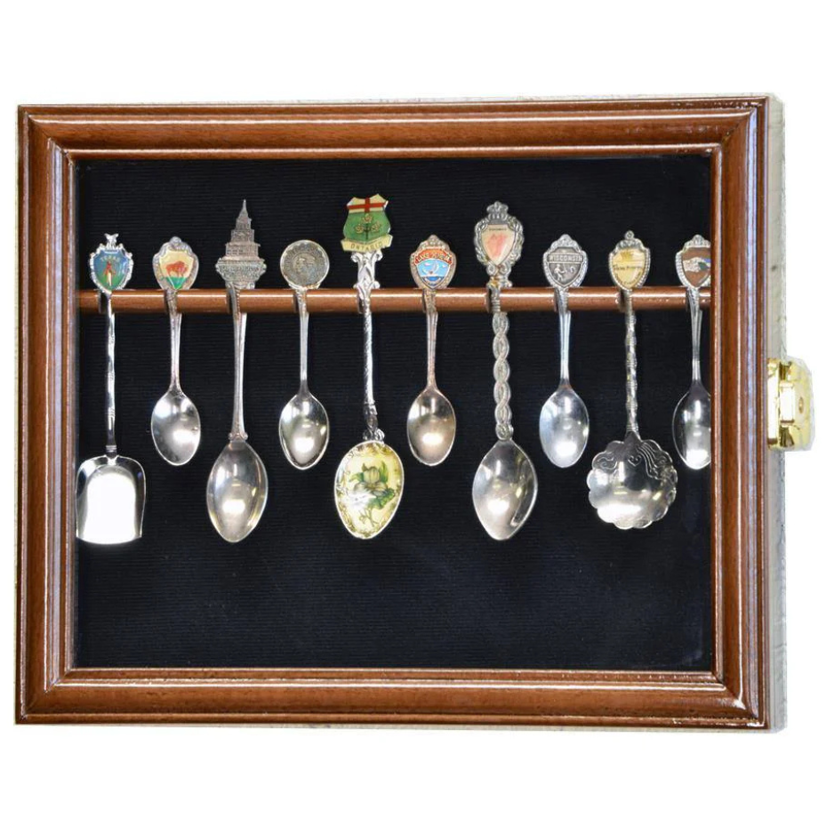 10 Souvenir Spoon Rack Display Case Cabinet UV Protection Walnut Wood