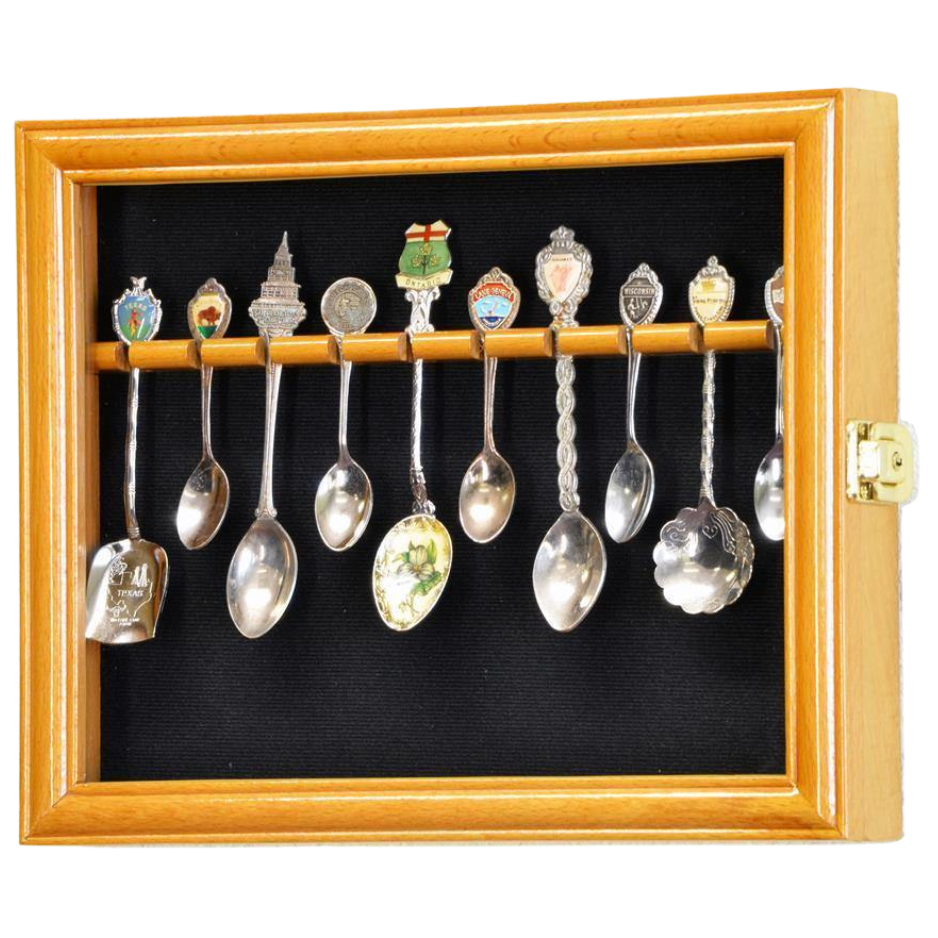 10 Souvenir Spoon Rack Display Case Cabinet UV Protection Oak Wood