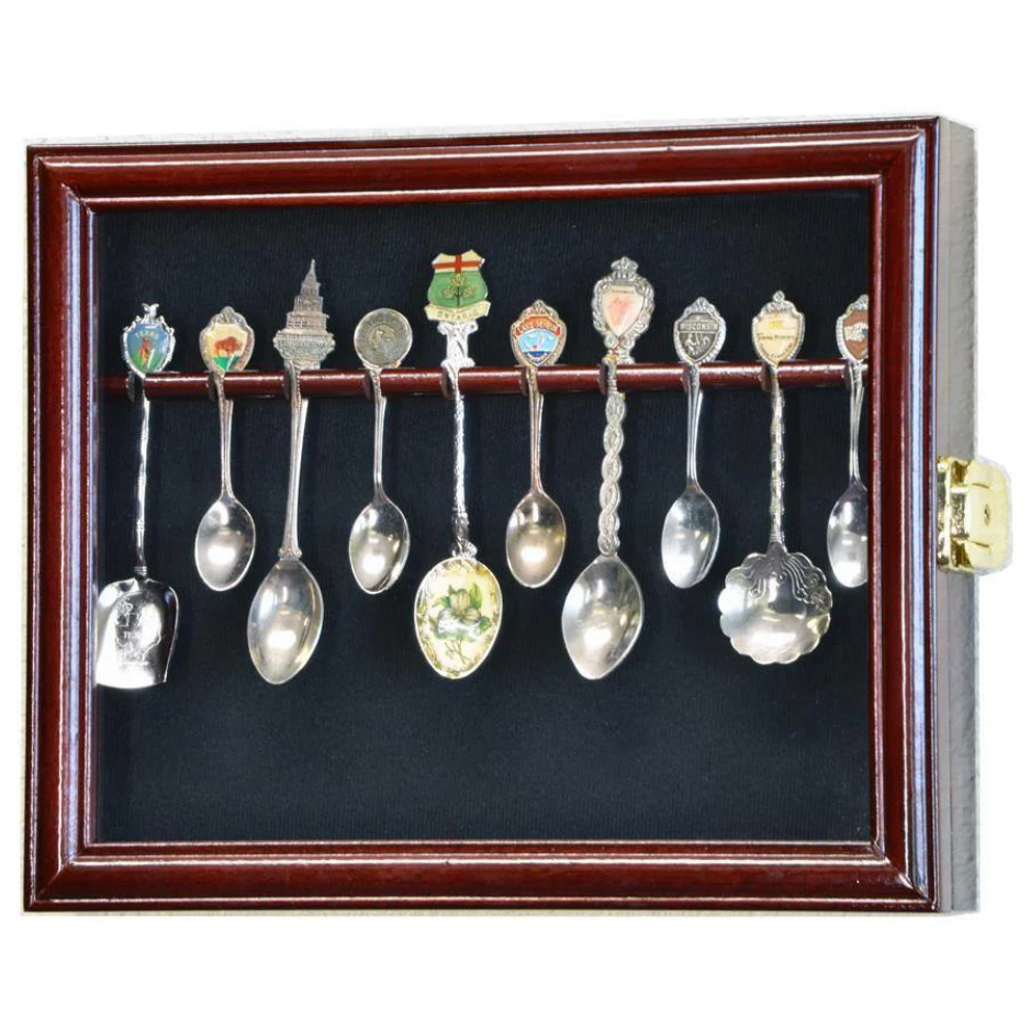 10 Souvenir Spoon Rack Display Case Cabinet UV Protection Cherry Wood