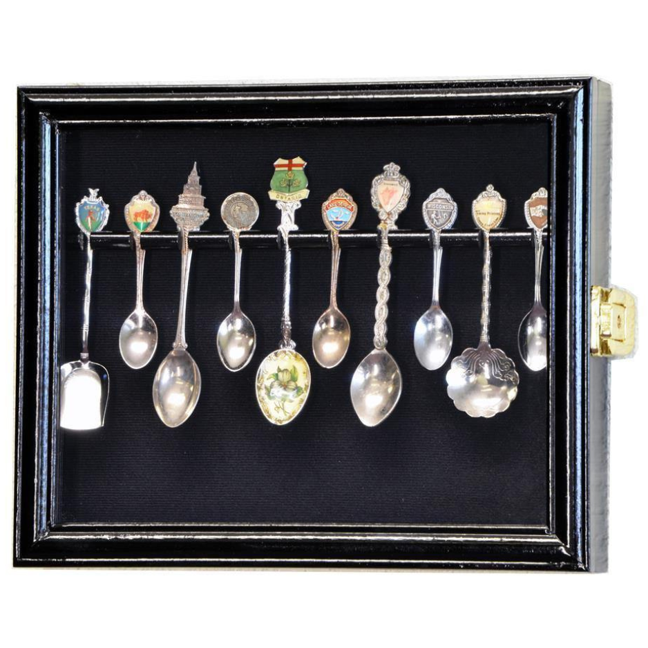 10 Souvenir Spoon Rack Display Case Cabinet UV Protection Black Wood