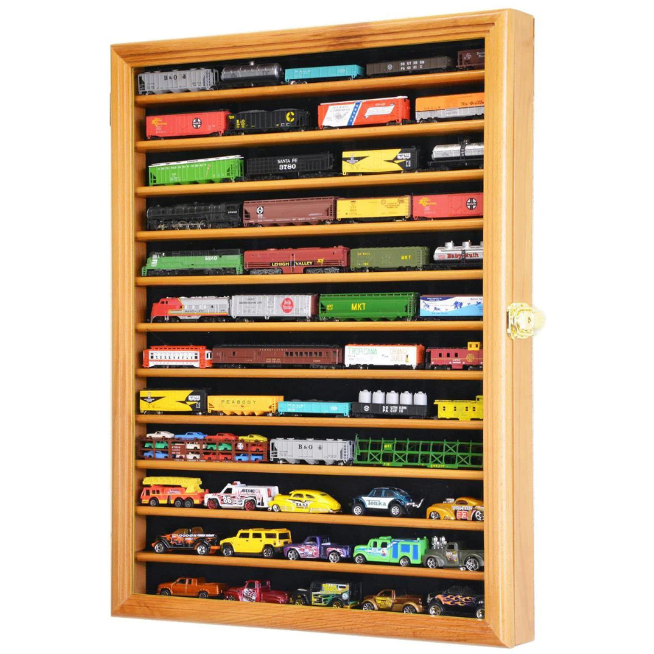 12 Shelves N Scale Train Model Trains Display Case Cabinet UV Protection Oak Wood