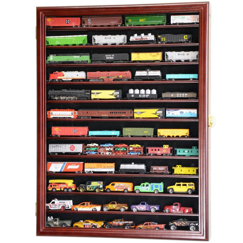 12 Shelves N Scale Train Model Trains Display Case Cabinet UV Protection Cherry Wood