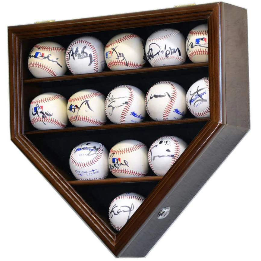 Walnut baseball display case holder with UV Protection. Holds 14 autographed baseballs arranged in a home plate shape.