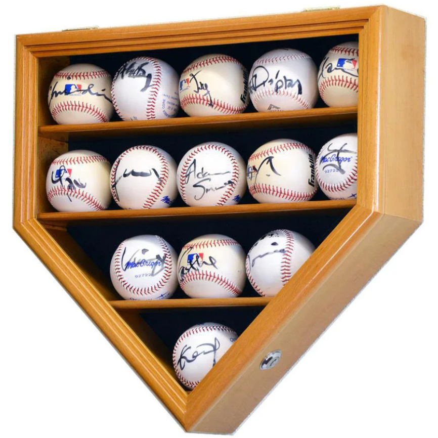 Oak baseball display case holder with UV Protection. Holds 14 autographed baseballs arranged in a home plate shape.