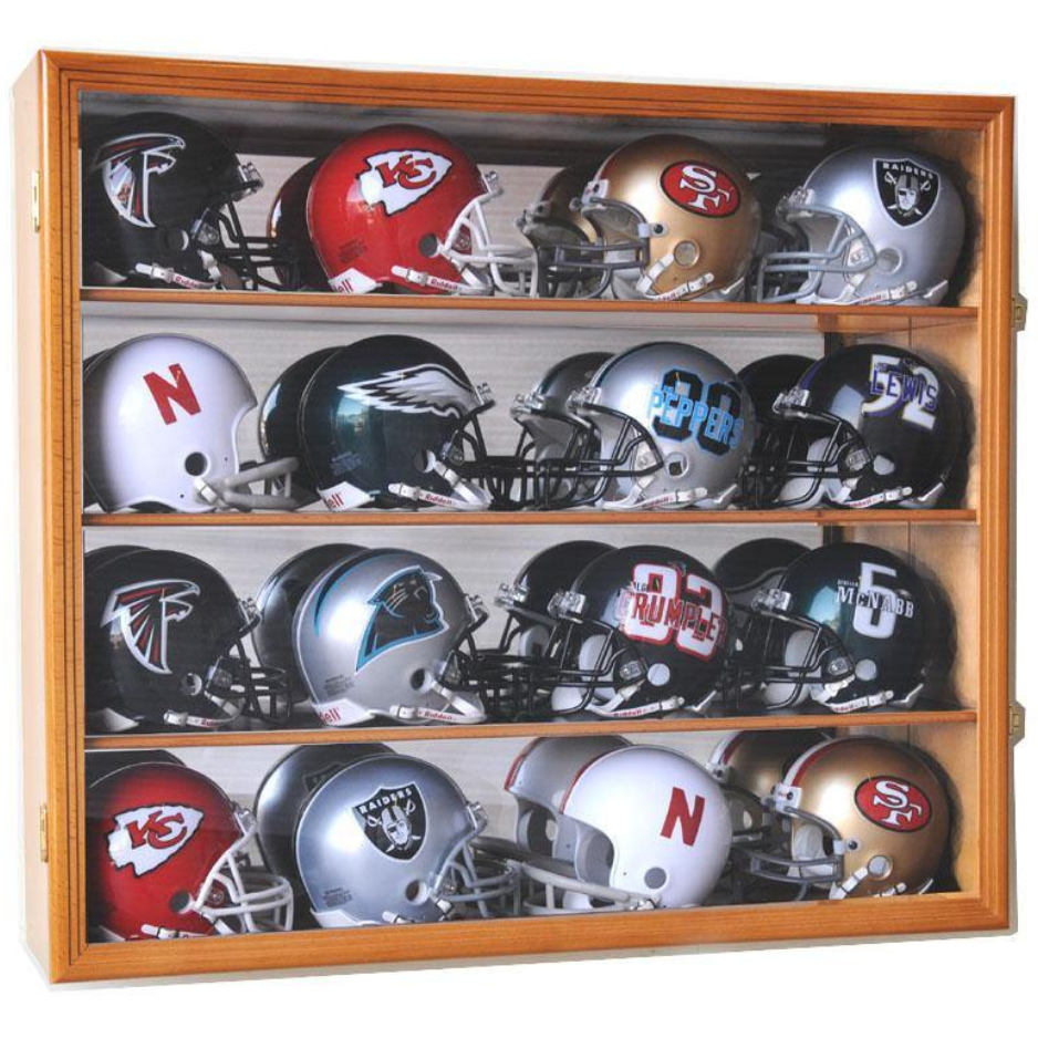 Display Zone 16 Mini Helmet Display Case Cabinet (Mirror Back) UV Protection Oak Wood