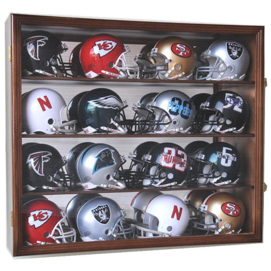 16 Mini Helmet Display Case Cabinet (Mirror Back) UV Protection Walnut Wood