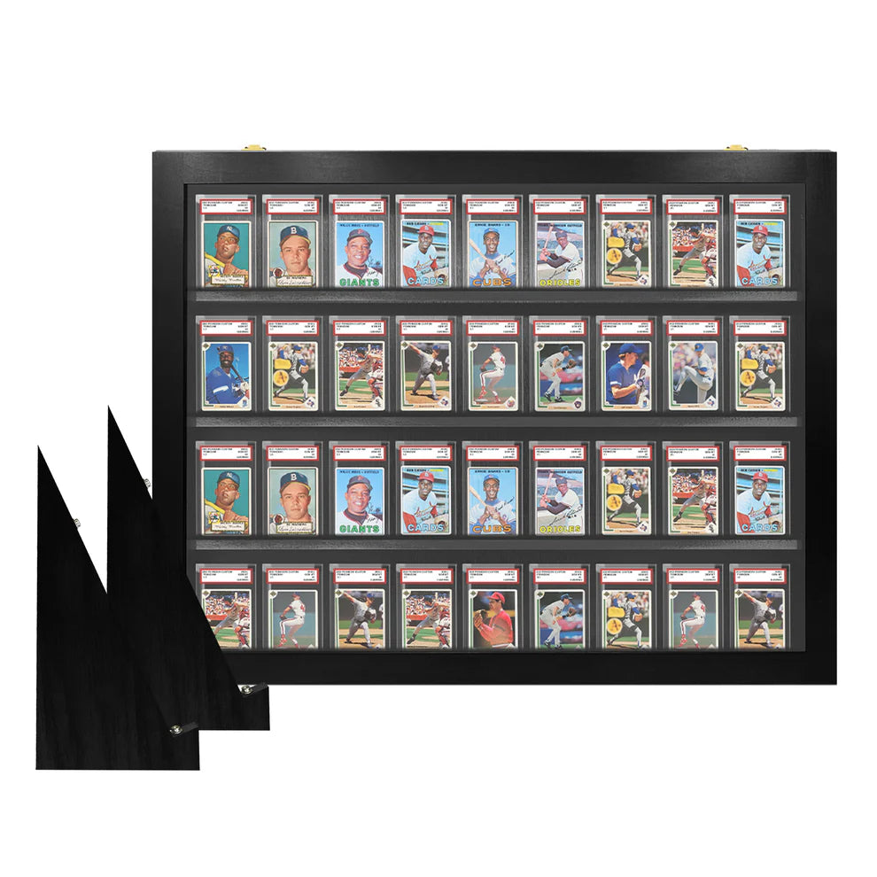 Black display frame holding multiple baseball trading cards on a white background