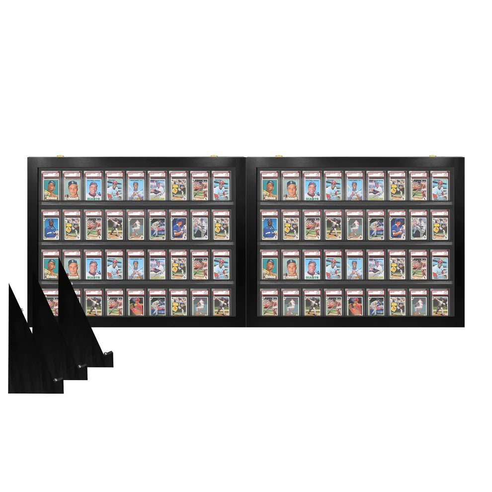 Black trading card display case with multiple compartments filled with trading cards on a white background.