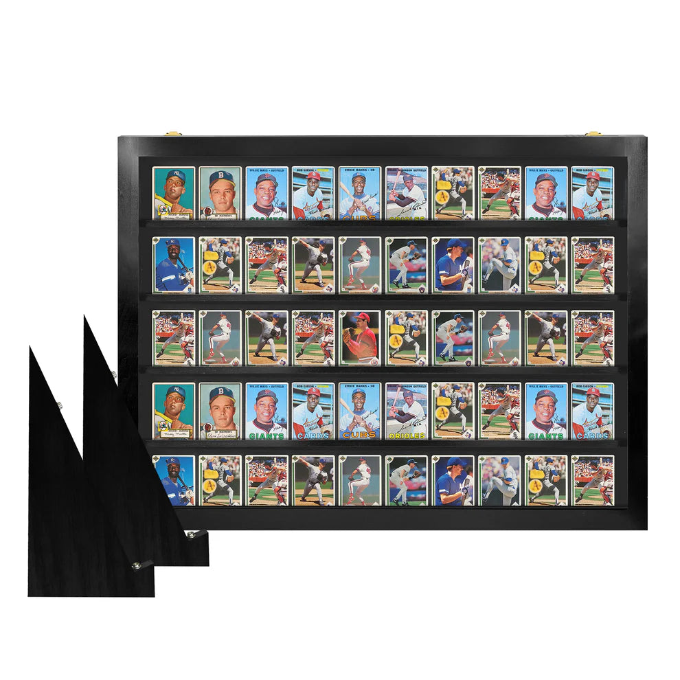 Black trading display case stand for sports and Pokémon cards on a white background