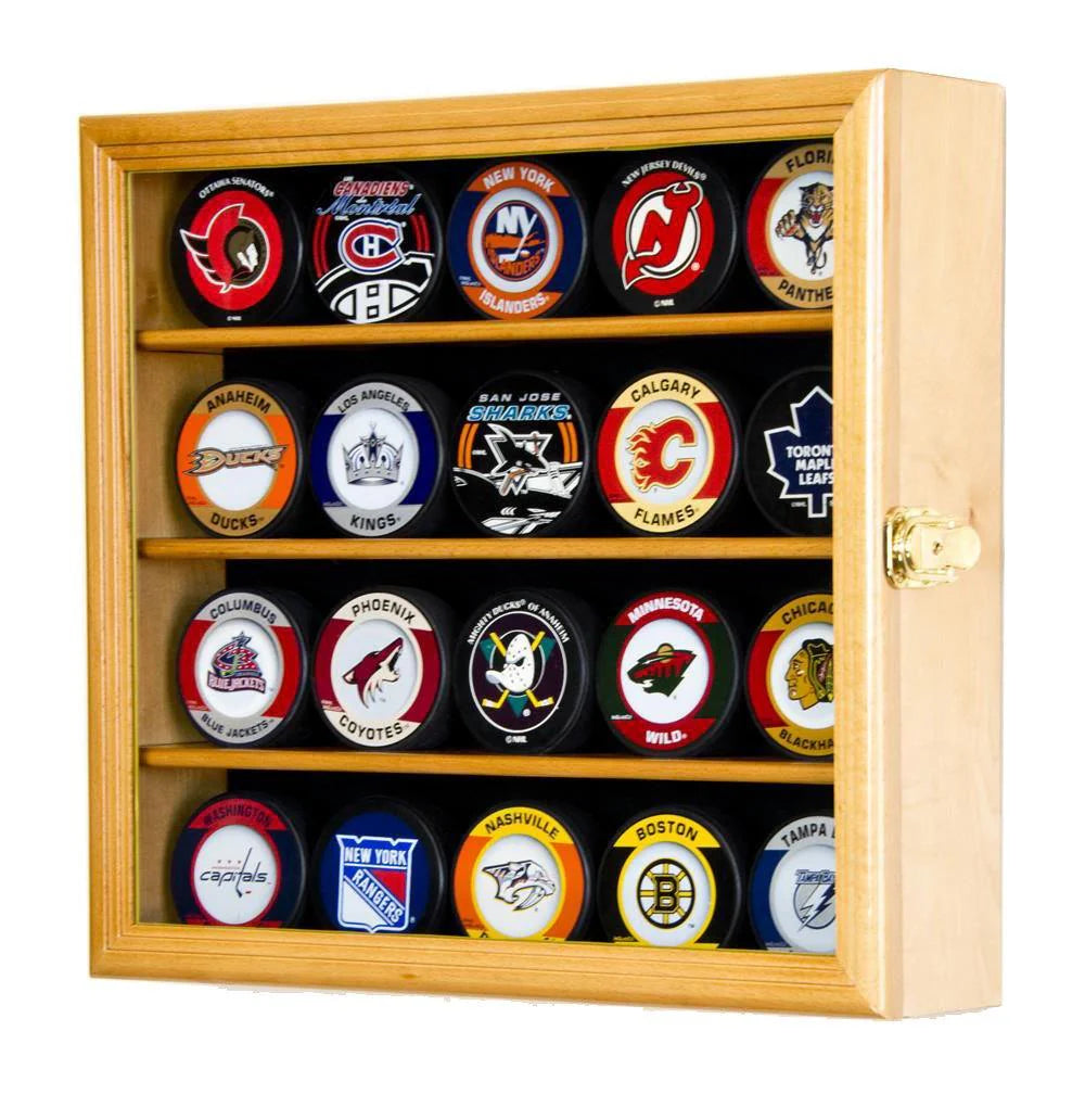 20 Hockey Puck Display Case Cabinet UV Protection NHL Oak Wood