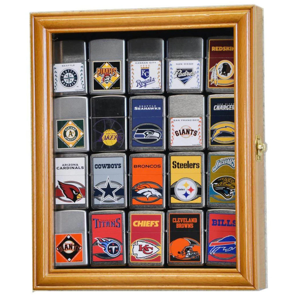 20 Lighter Display Case Cabinet UV Protection Oak Wood