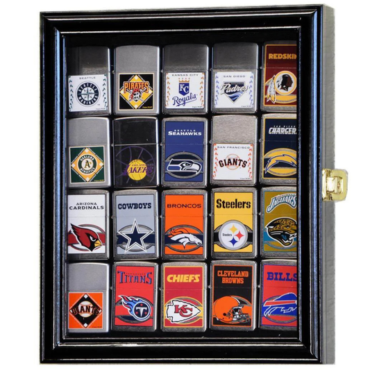 20 Lighter Display Case Cabinet UV Protection Black Wood