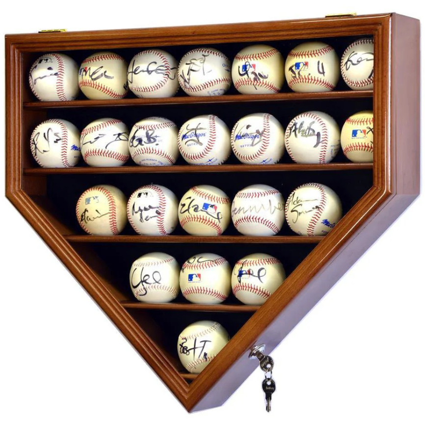 Walnut baseball display case holder with UV Protection. Holds 23 autographed baseballs arranged in a home plate shape.