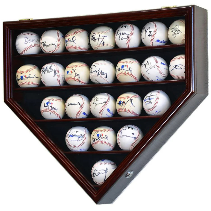 Cherry baseball display case holder with UV Protection. Holds 23 autographed baseballs arranged in a home plate shape.