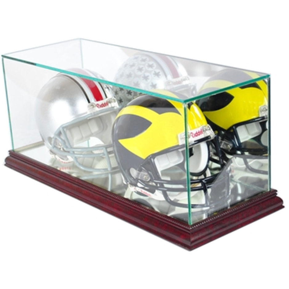 Double Mini Riddell Football Helmet Display Case UV Protection Cherry Wood