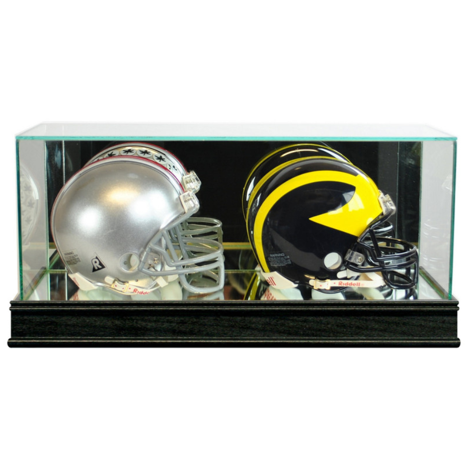 Double Mini Riddell Football Helmet Display Case UV Protection Black Wood