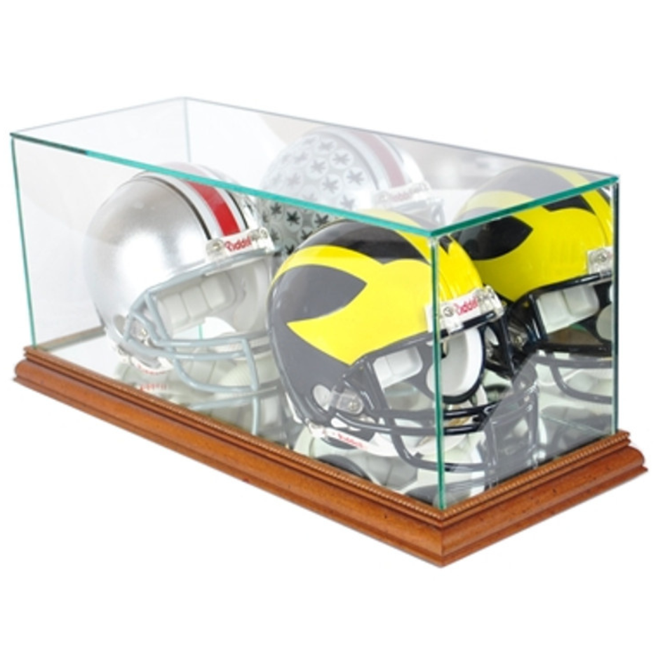 Double Mini Riddell Football Helmet Display Case UV Protection Walnut Wood