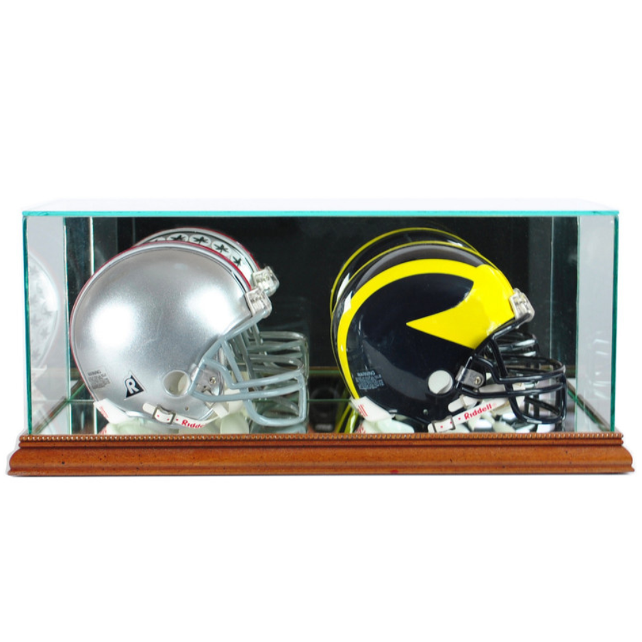 Double Mini Riddell Football Helmet Display Case UV Protection Walnut Wood