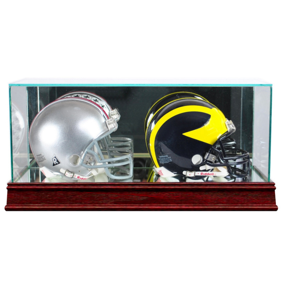 Double Mini Riddell Football Helmet Display Case UV Protection Cherry Wood