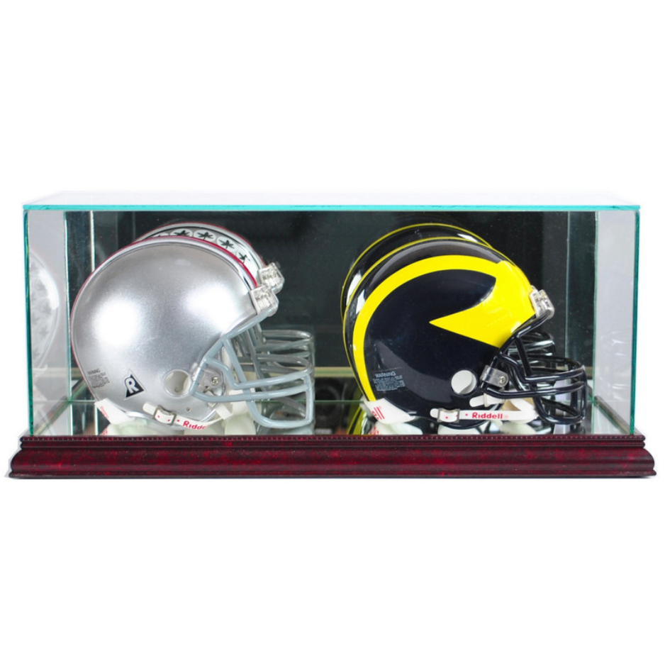 Double Mini Riddell Football Helmet Display Case UV Protection Cherry Wood