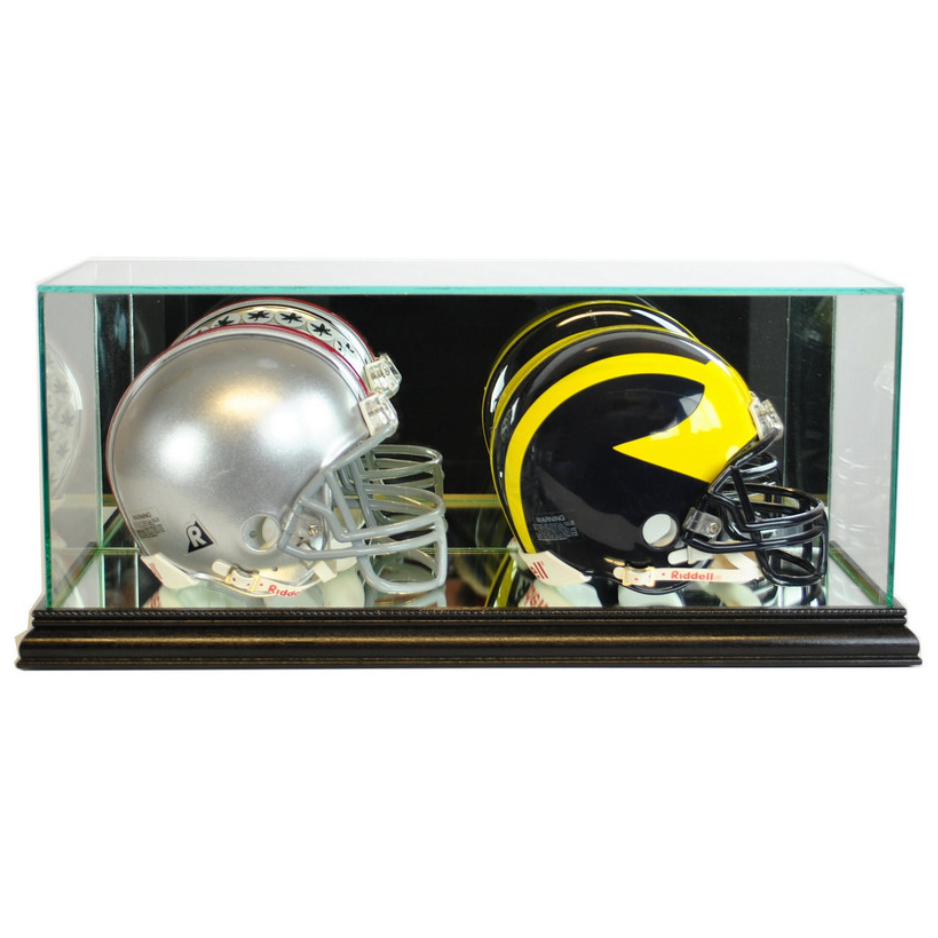 Double Mini Riddell Football Helmet Display Case UV Protection Black Wood