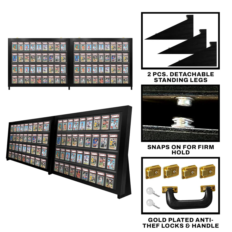 Collection display case with detachable legs and gold anti-theft locks on a white background