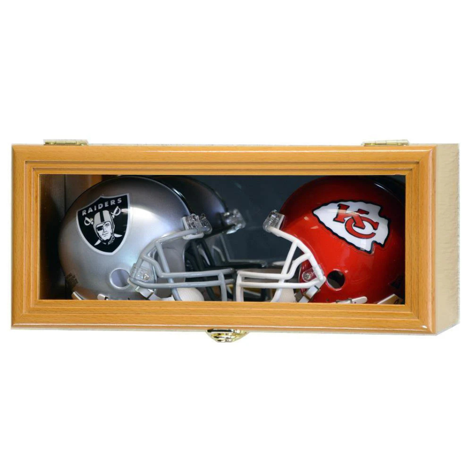 2 Mini Riddell Helmet Display Case Cabinet (Mirror Back) UV Protection Oak Wood
