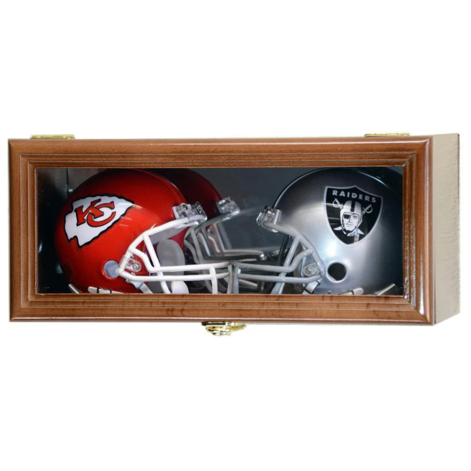 2 Mini Riddell Helmet Display Case Cabinet (Mirror Back) UV Protection Walnut Wood