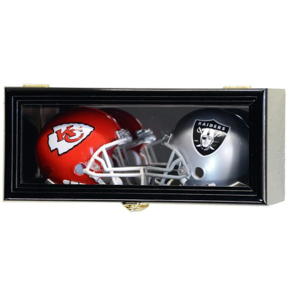 2 Mini Riddell Helmet Display Case Cabinet (Mirror Back) UV Protection Black Wood