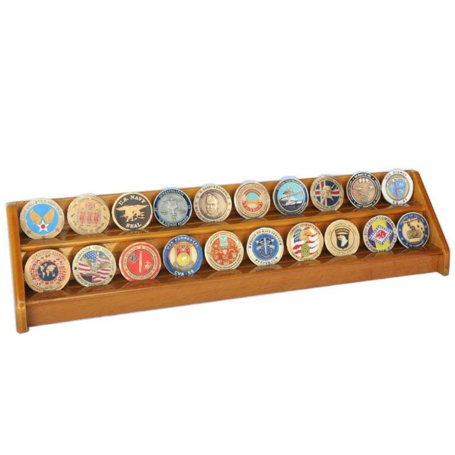 2 Row Challenge Coin / Casino Chip Display Rack Oak Wood