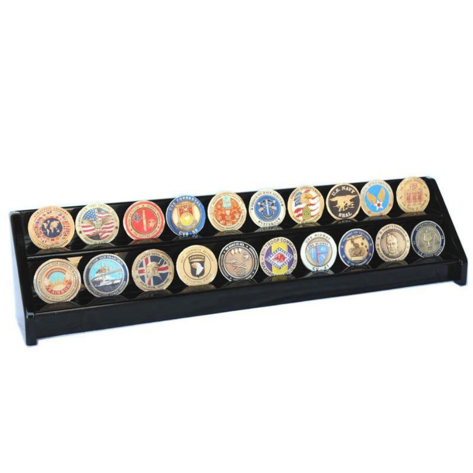 2 Row Challenge Coin / Casino Chip Display Rack Black Wood