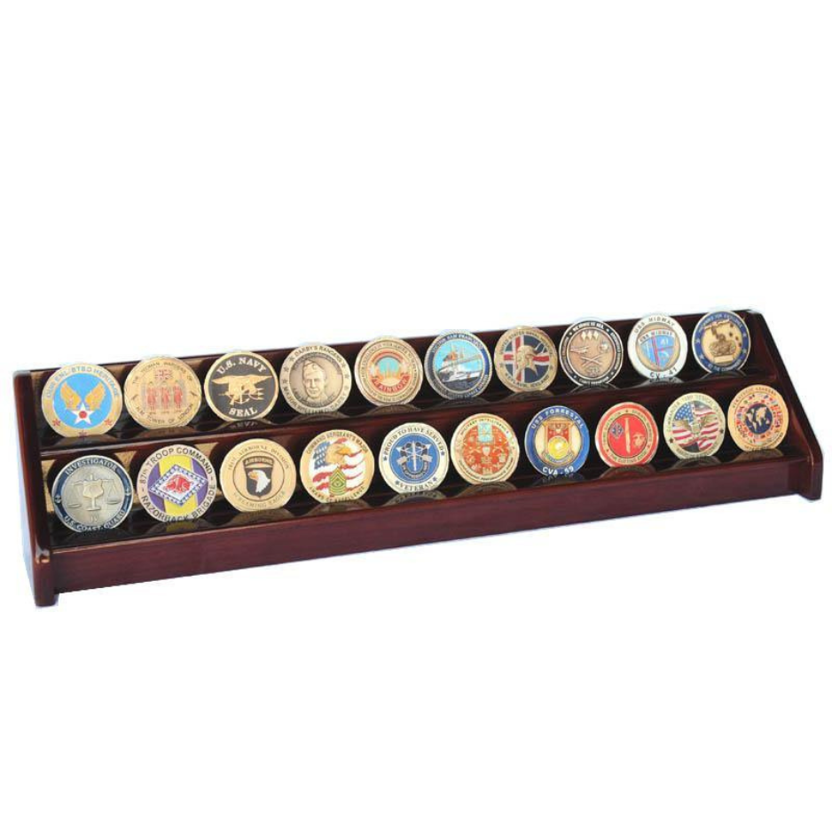 2 Row Challenge Coin / Casino Chip Display Rack Cherry Wood