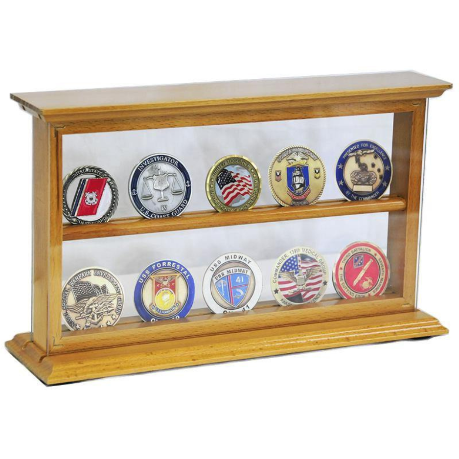 2 Shelves Military Challenge Coin Stand Rack Oak Wood