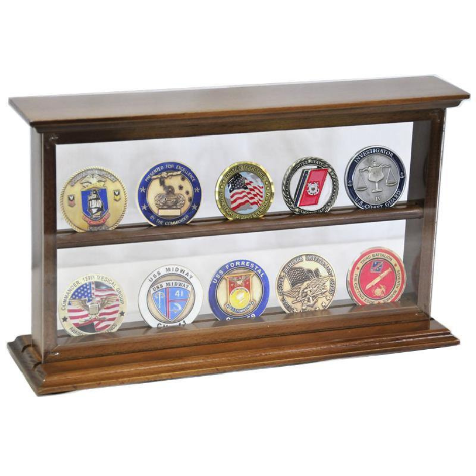 2 Shelves Military Challenge Coin Stand Rack Walnut Wood