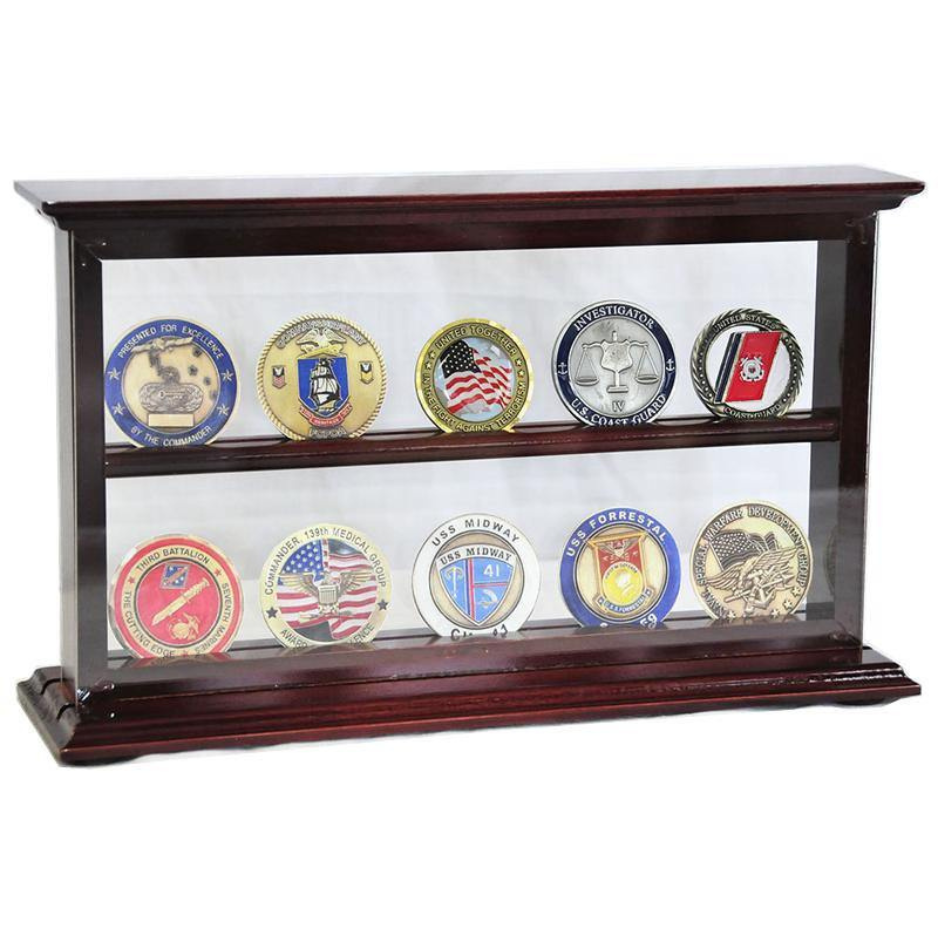 2 Shelves Military Challenge Coin Stand Rack Cherry Wood