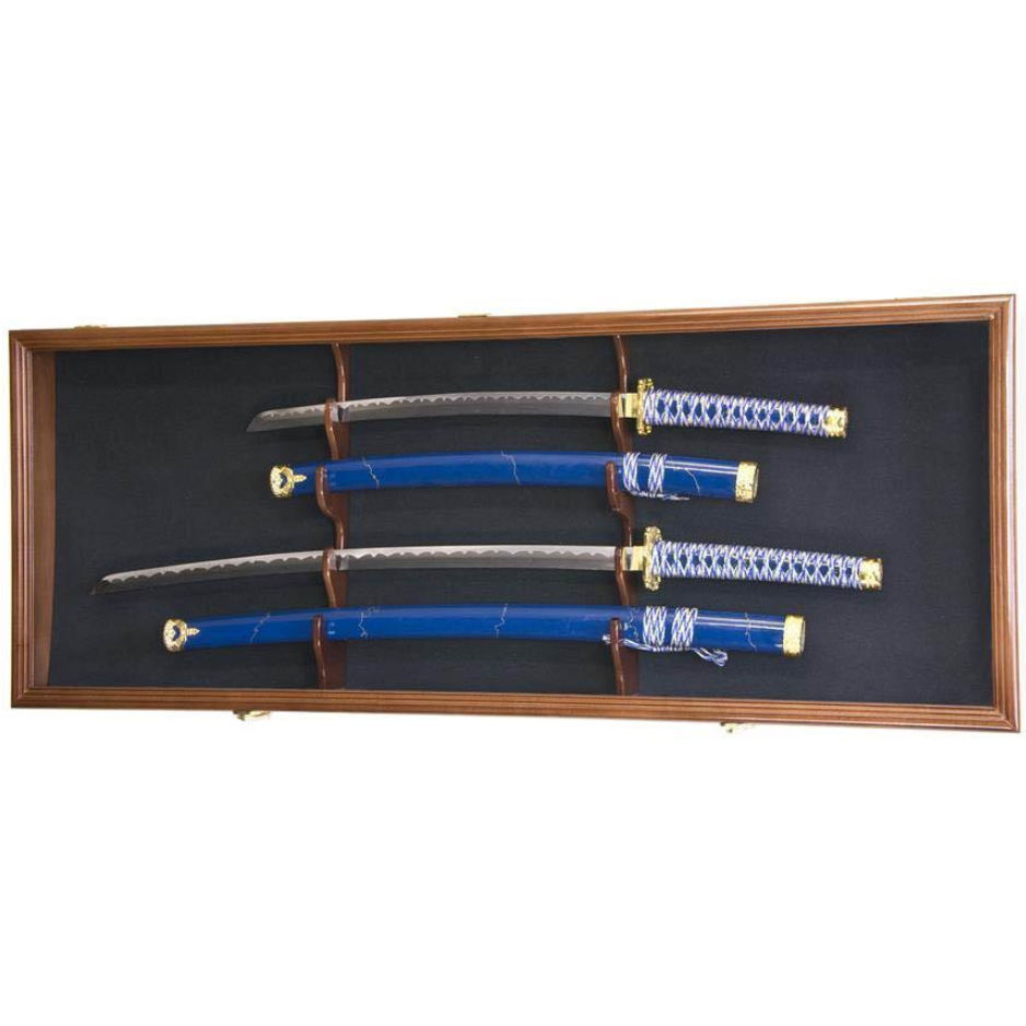 2 Swords and Scabbards Display Case Cabinet UV Protection Walnut Wood