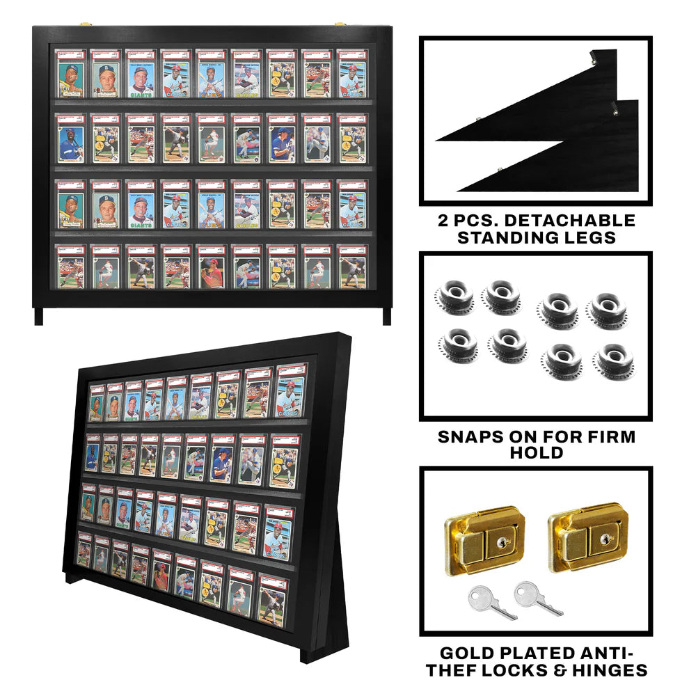 Sports card graded slab display case with dimensions and features highlighted, made in the USA.