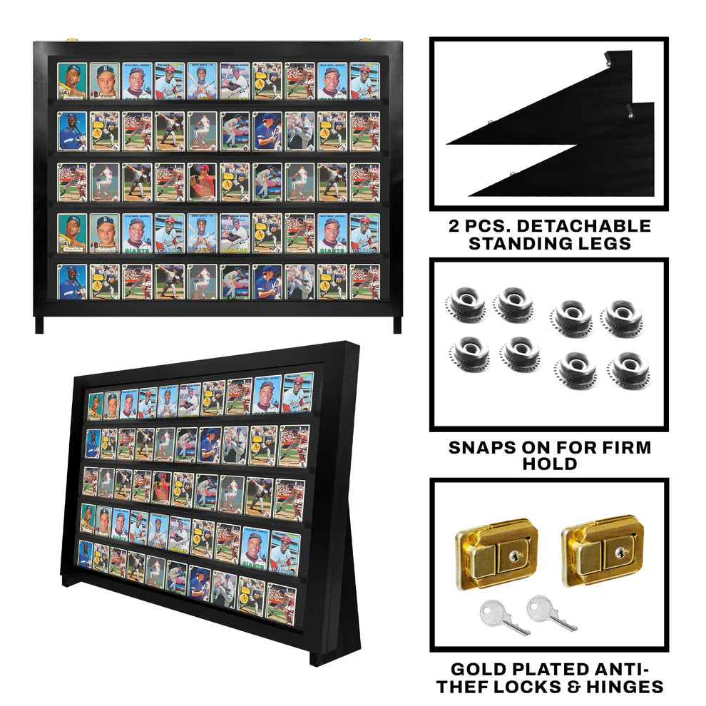 Black trading display case stand for sports and Pokémon cards on a white background
