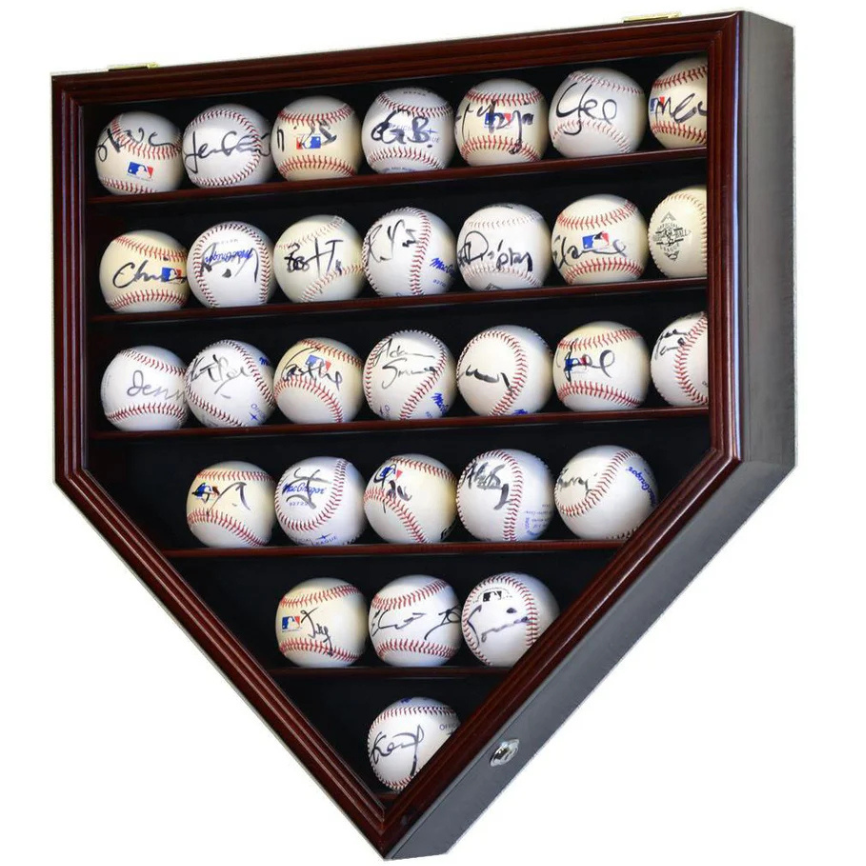 Cherry Baseball Display Case Holder. 30 signed baseball game balls arranged in a grid pattern.