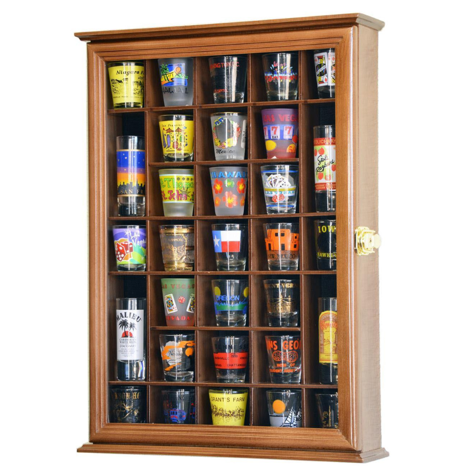 31 Shot Glass Display Case Cabinet UV Protection Walnut Wood