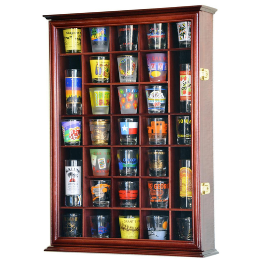 31 Shot Glass Display Case Cabinet UV Protection Cherry Wood
