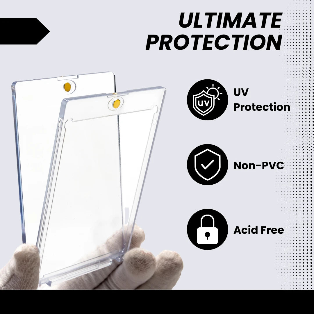 Display Zone 35pt Magnetic Trading Card Holders with UV Protection – featuring diamond corners, frosted edges, and non-PVC acid-free material.