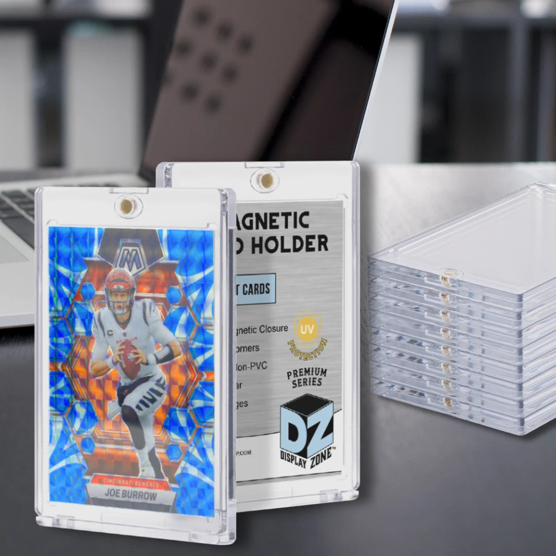 Display Zone 35pt Magnetic Trading Card Holders with UV Protection – featuring diamond corners, frosted edges, and non-PVC acid-free material.