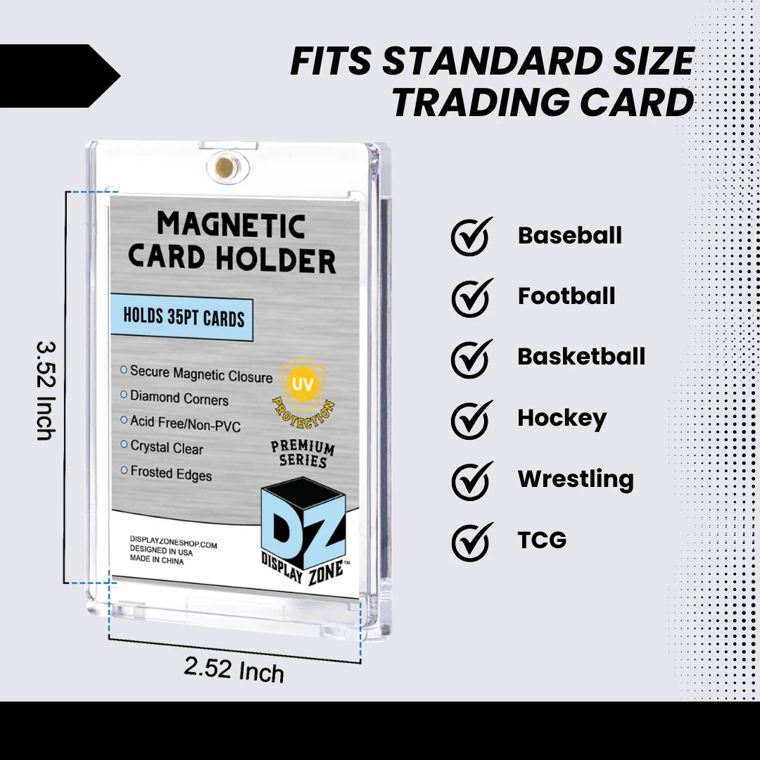 Display Zone 35pt Magnetic Trading Card Holders with UV Protection – featuring diamond corners, frosted edges, and non-PVC acid-free material.